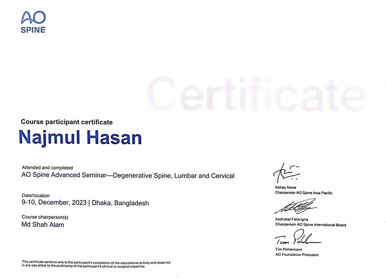 AO Spine Advanced Seminar certificate for Degenerative Spine, Lumbar and Cervical awarded to Najmul Hasan