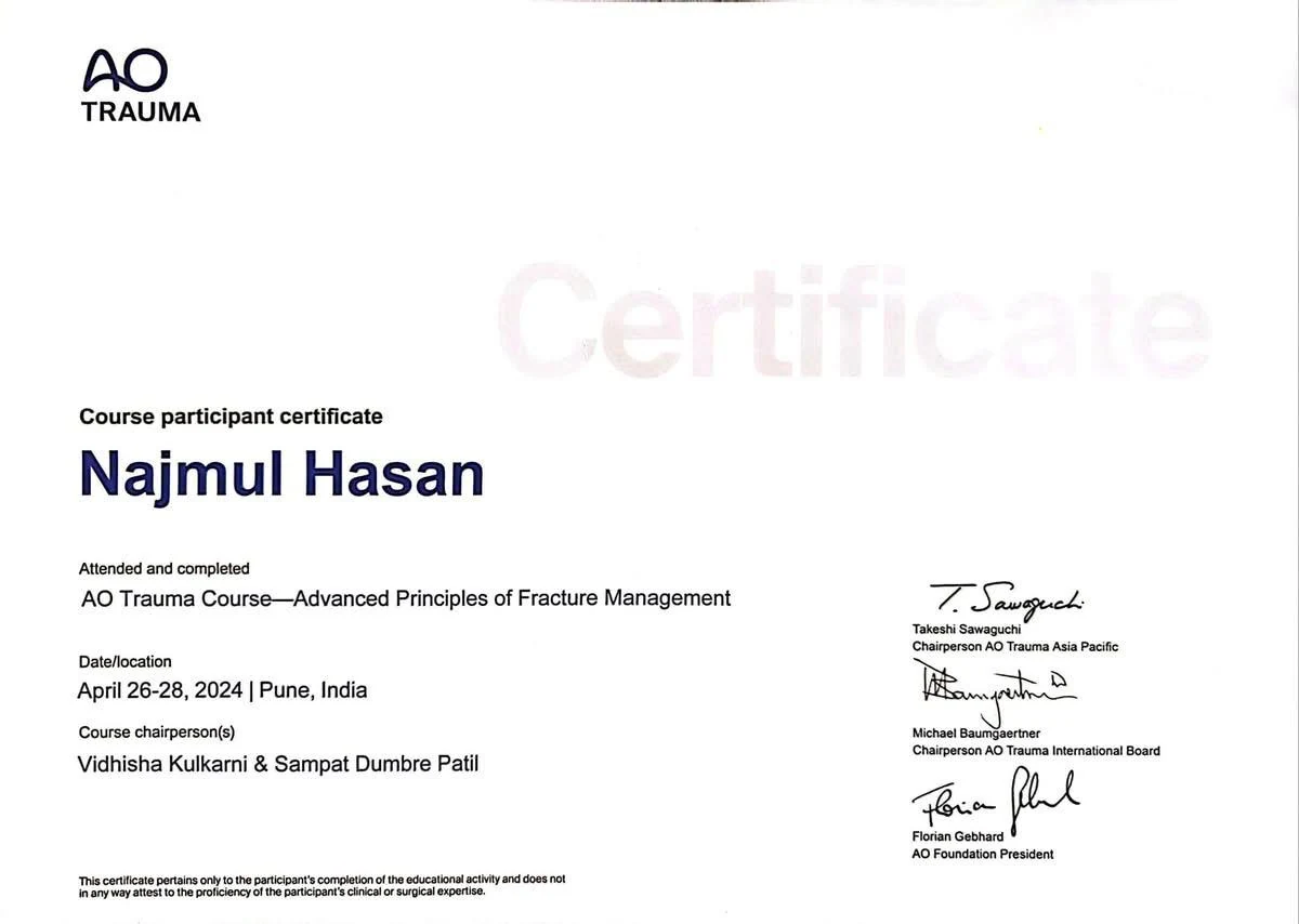 AO Trauma Advanced Principles of Fracture Management course certificate awarded to Najmul Hasan